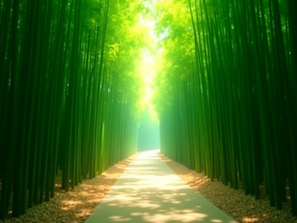 A serene path leading through a bamboo forest in Arashiyama, Kyoto.