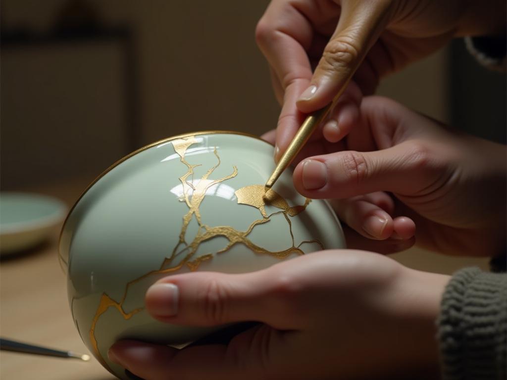 A broken ceramic bowl being repaired with gold lacquer (kintsugi).